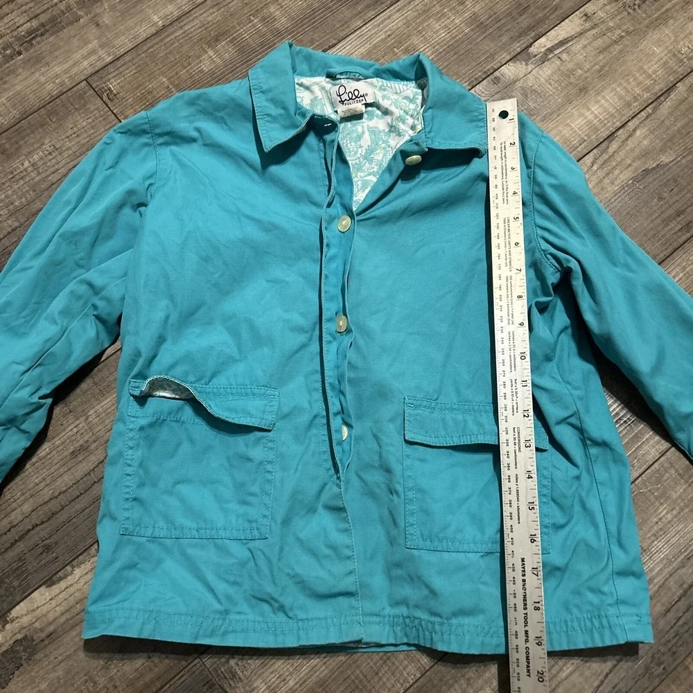 Lilly Pulitzer Girls Rain Wind Jacket Turquoise Green Size 8 Has Writing On neck
